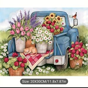 Diamond Painting Kit,  NEW, Flowers 💐 in back of Blue Truck